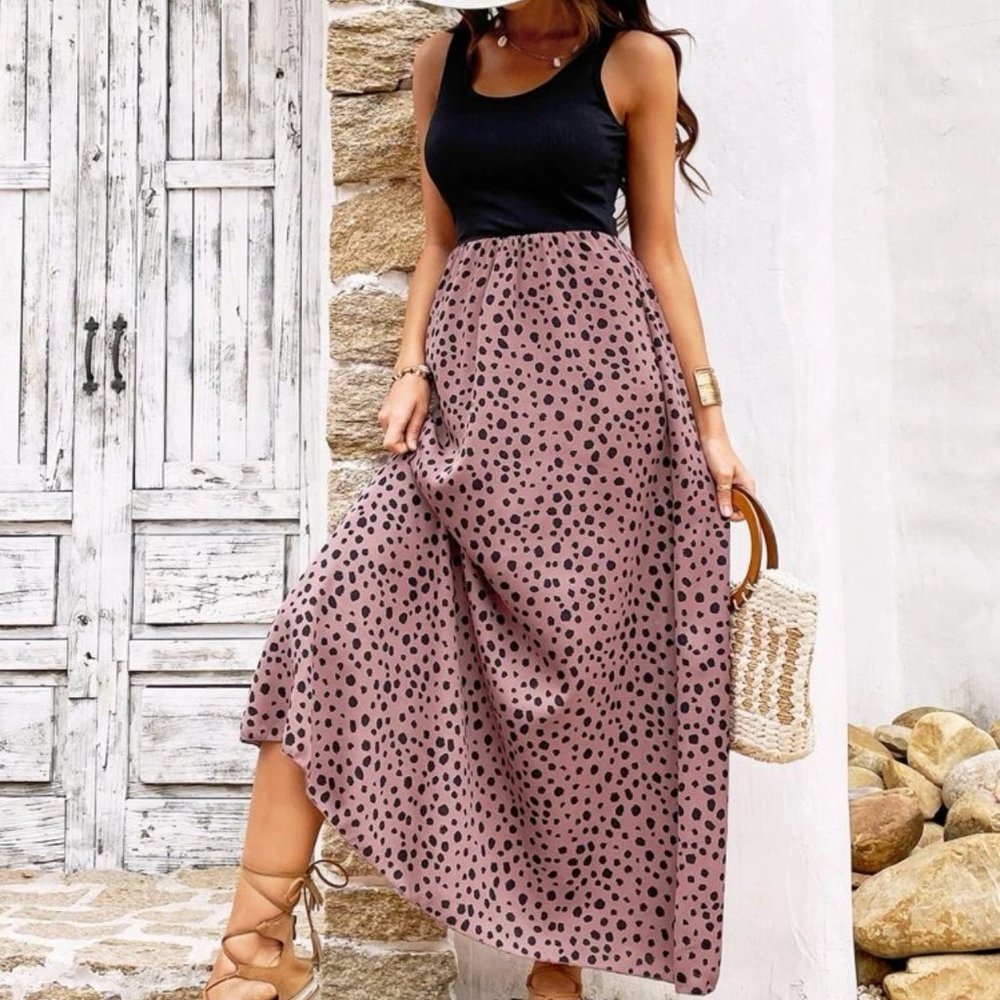 Dalmatian Print Sleeveless Dress | Black Mauve Pink Tank Dress Leopard M…